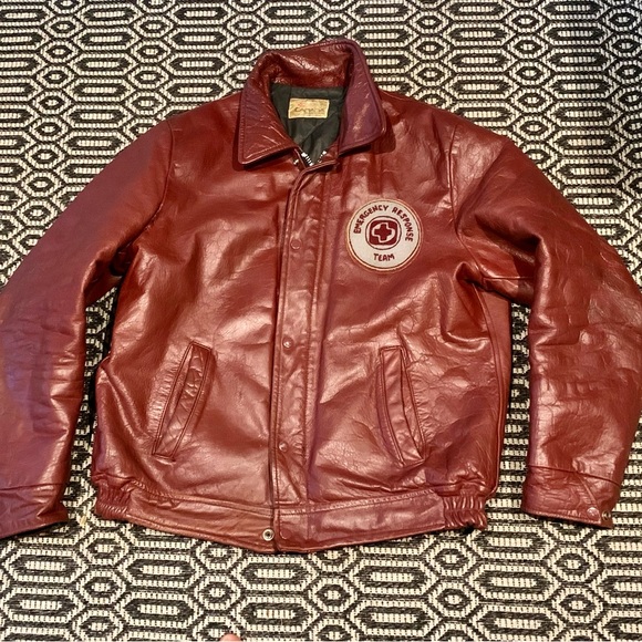 Vintage Varsity leather jacket Canada Sportswear EMT patch Red - Picture 10 of 16
